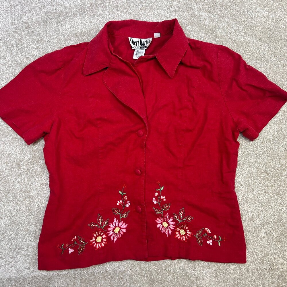 Vtg Womens Sheri Martin 12P Linen Red Floral Embroider Button Up Short Sleeve